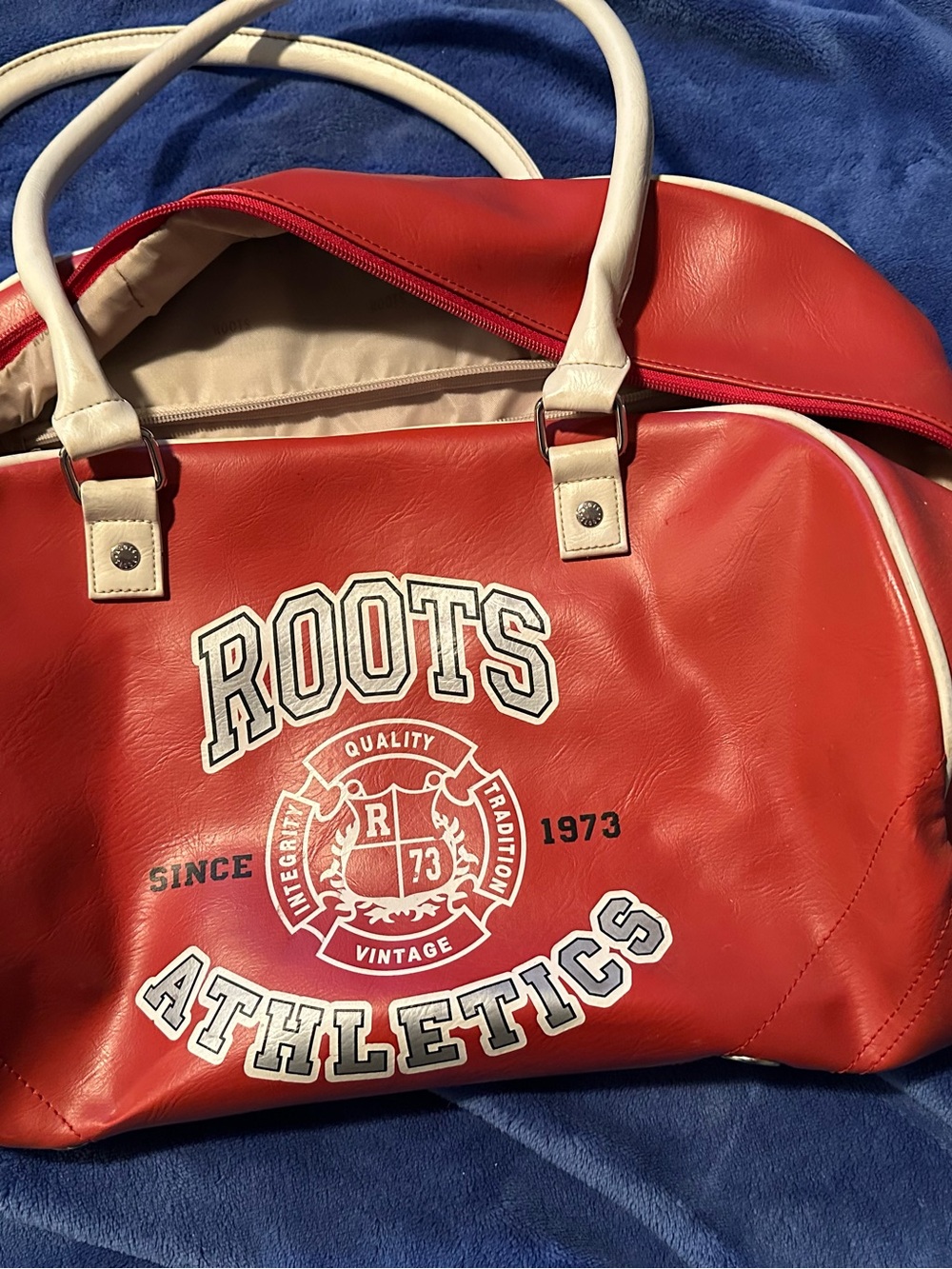 Roots Red Duffel Bag with White Trim